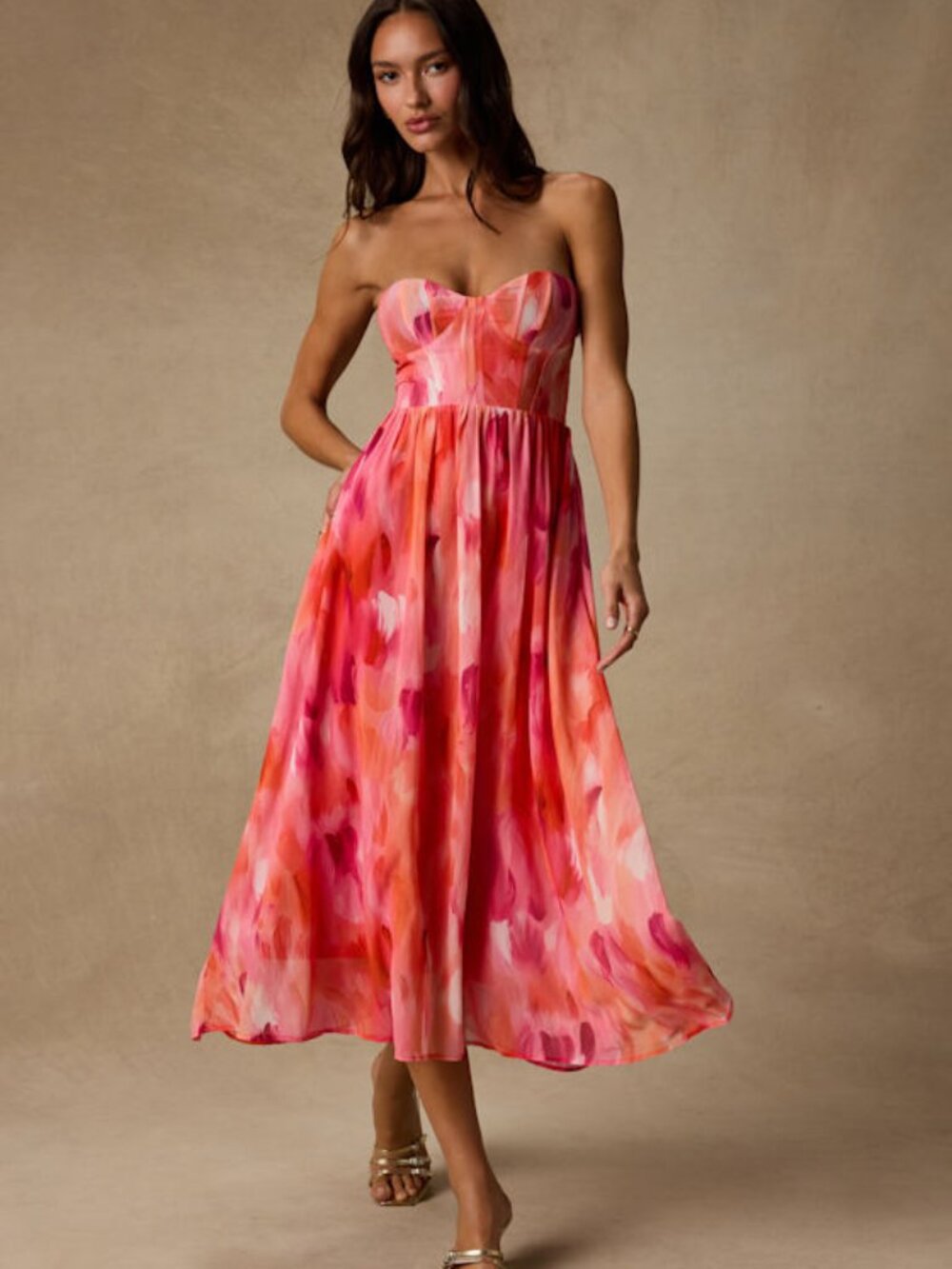 Lulus Aysel Coral Pink Abstract Strapless Bustier Midi Dress - Size M